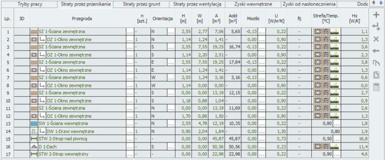 zrzut ekranu prezentujący kalkulację wykonaną za pośrednictwem oprogramowania komputerowego na potrzeby wygenerowania świadectwa energetycznego